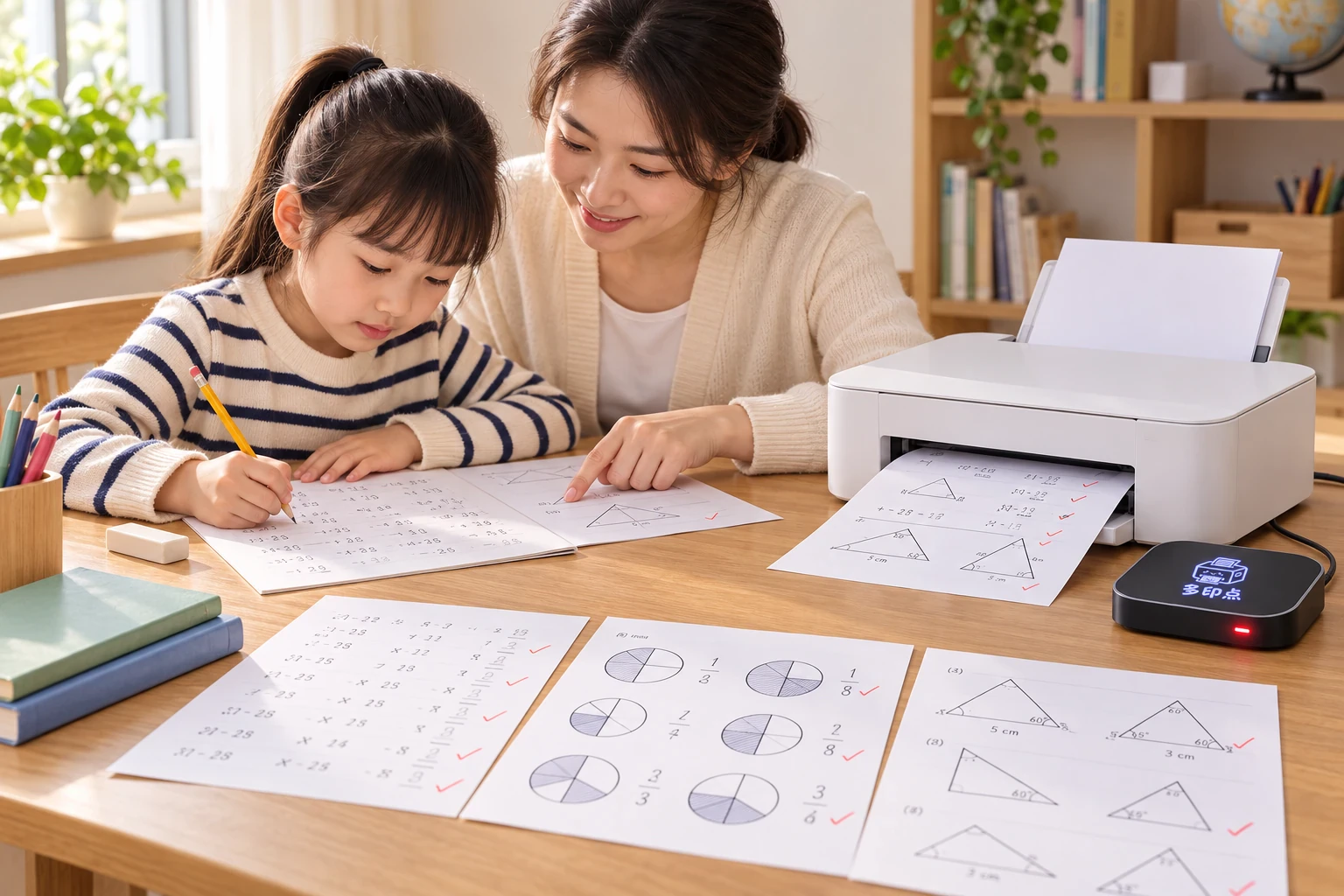 家庭打印场景示意：孩子使用数学专项练习资料学习，妈妈辅导，打印机正在输出练习纸，多印点盒子在旁